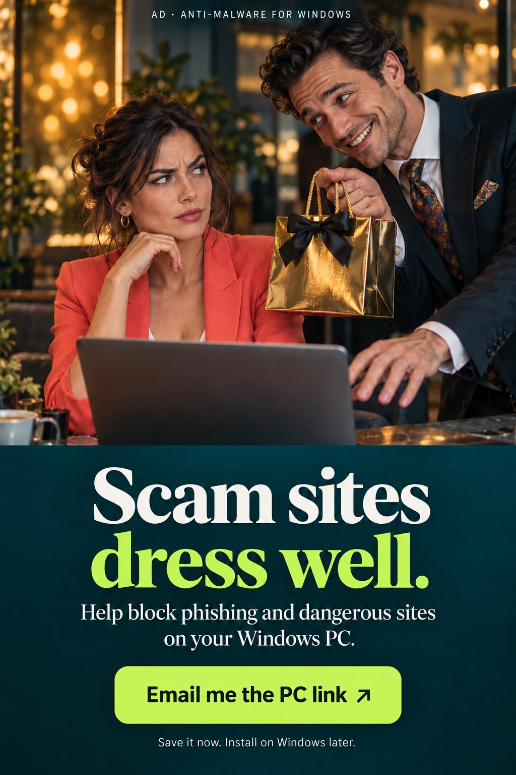 A woman looks skeptically at a smiling salesman offering a gold shopping bag beside her laptop.